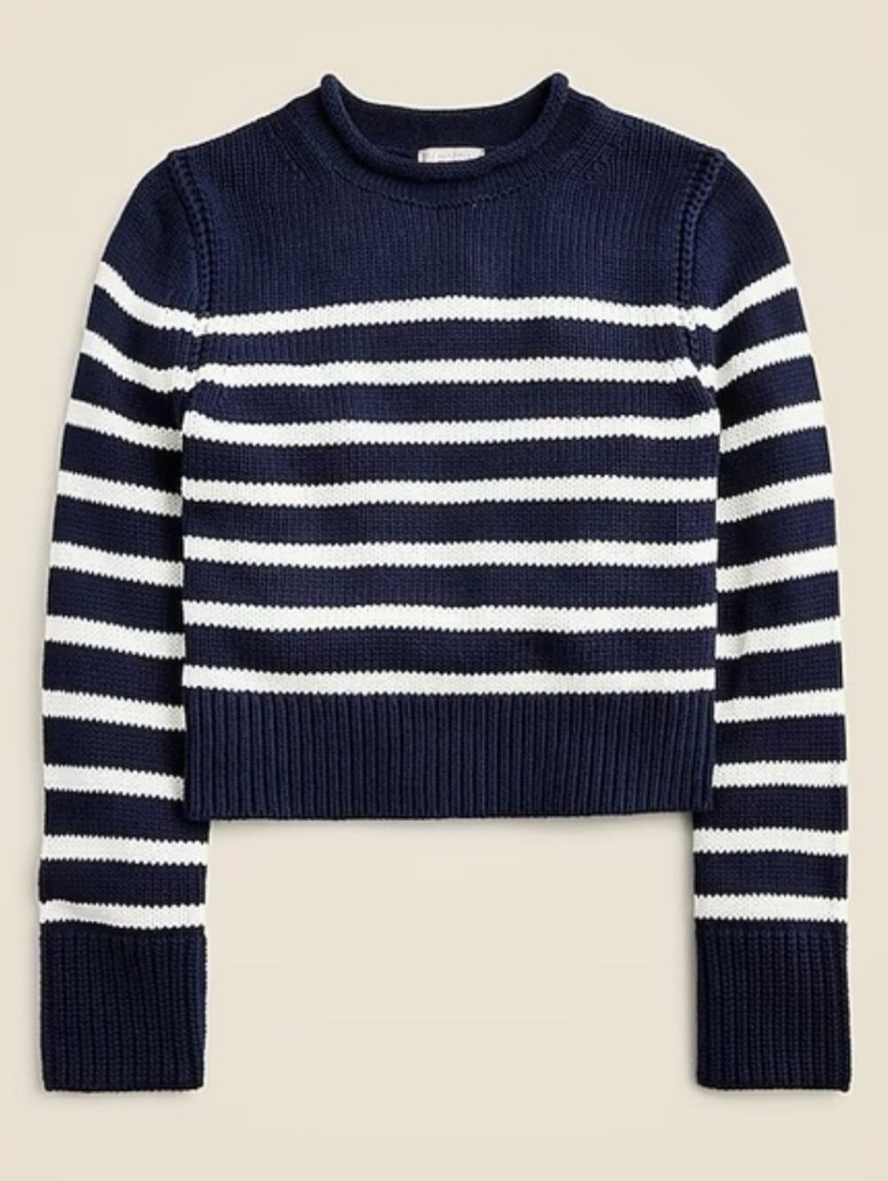 J. Crew navy blue and white striped roll neck mock neck chunky sweater